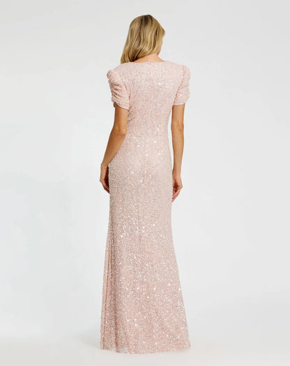 Petite Pink Gathered Short Sleeve Embellished Gown