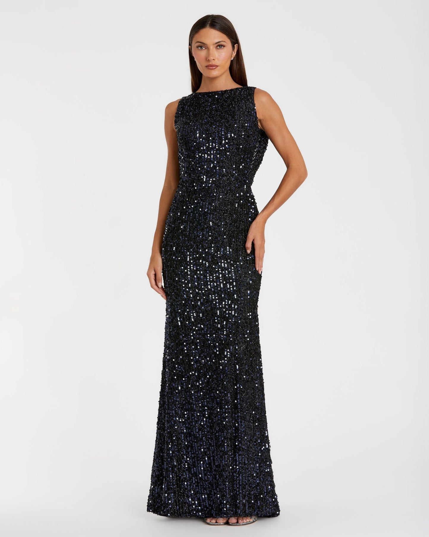 Petite Navy Cowl Back Boat Neck Sequined Evening Gown