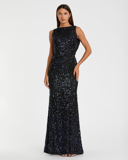 Petite Navy Cowl Back Boat Neck Sequined Evening Gown