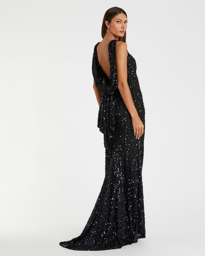 Petite Navy Cowl Back Boat Neck Sequined Evening Gown