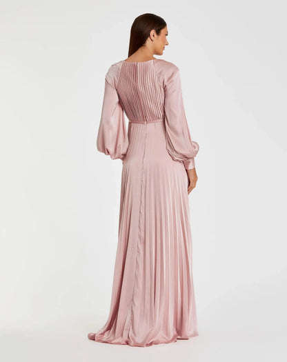 Petite Pink Pleated High Neck Raglan Long Sleeve Side Slit Gown