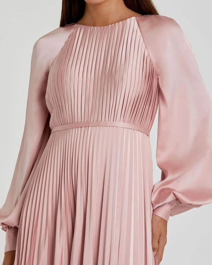 Petite Pink Pleated High Neck Raglan Long Sleeve Side Slit Gown