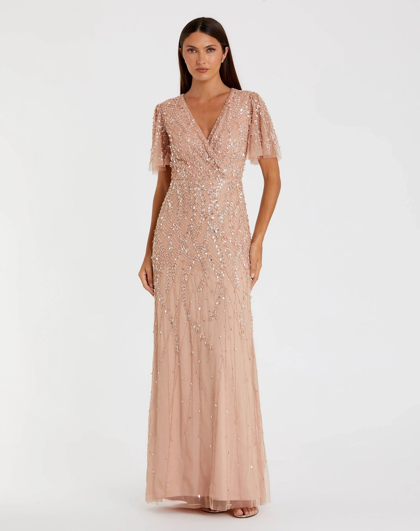 Petite Pink Embellished Flutter Sleeve Gown