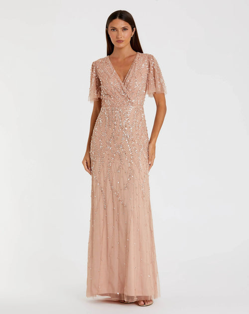 Petite Pink Embellished Flutter Sleeve Gown