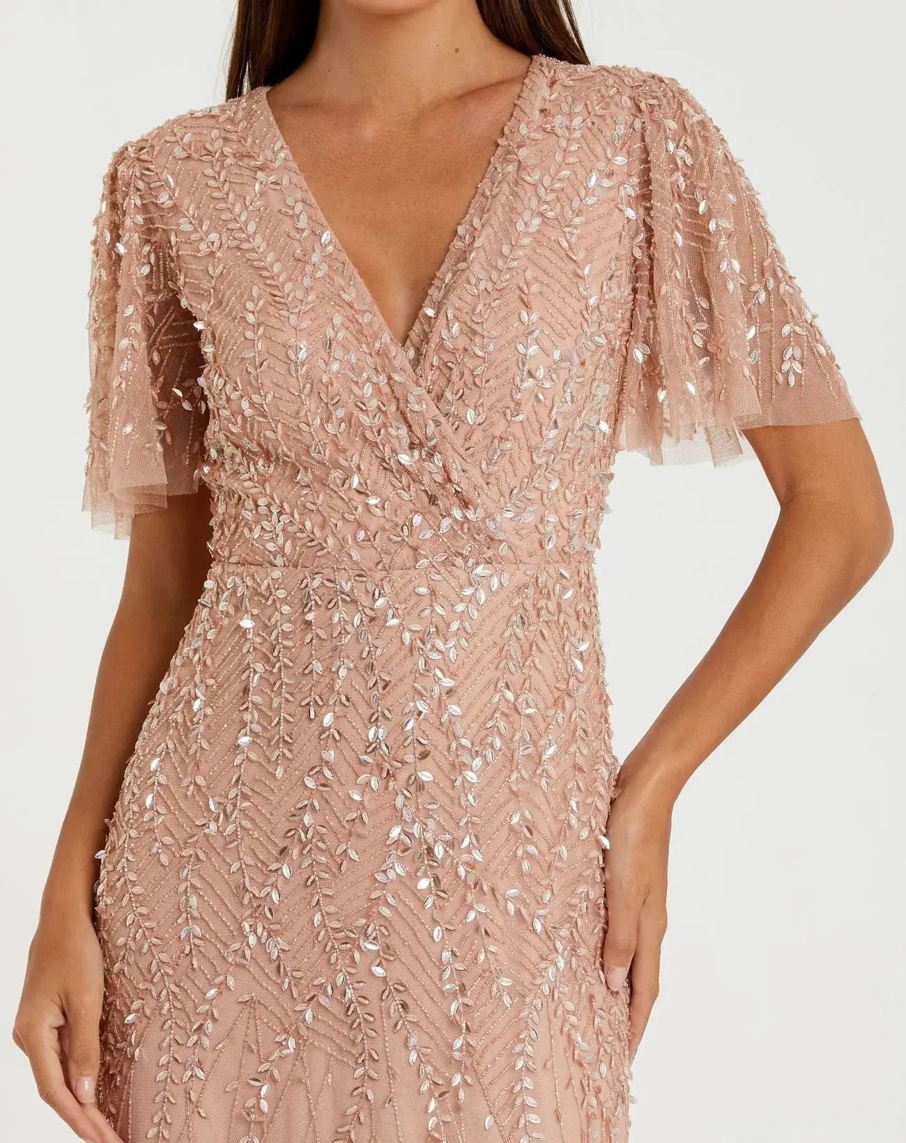 Petite Pink Embellished Flutter Sleeve Gown
