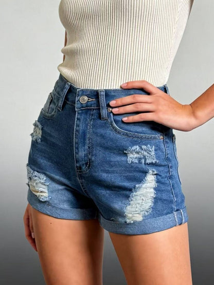 Hazel Blues® |  Distressed High-Waisted Denim Shorts