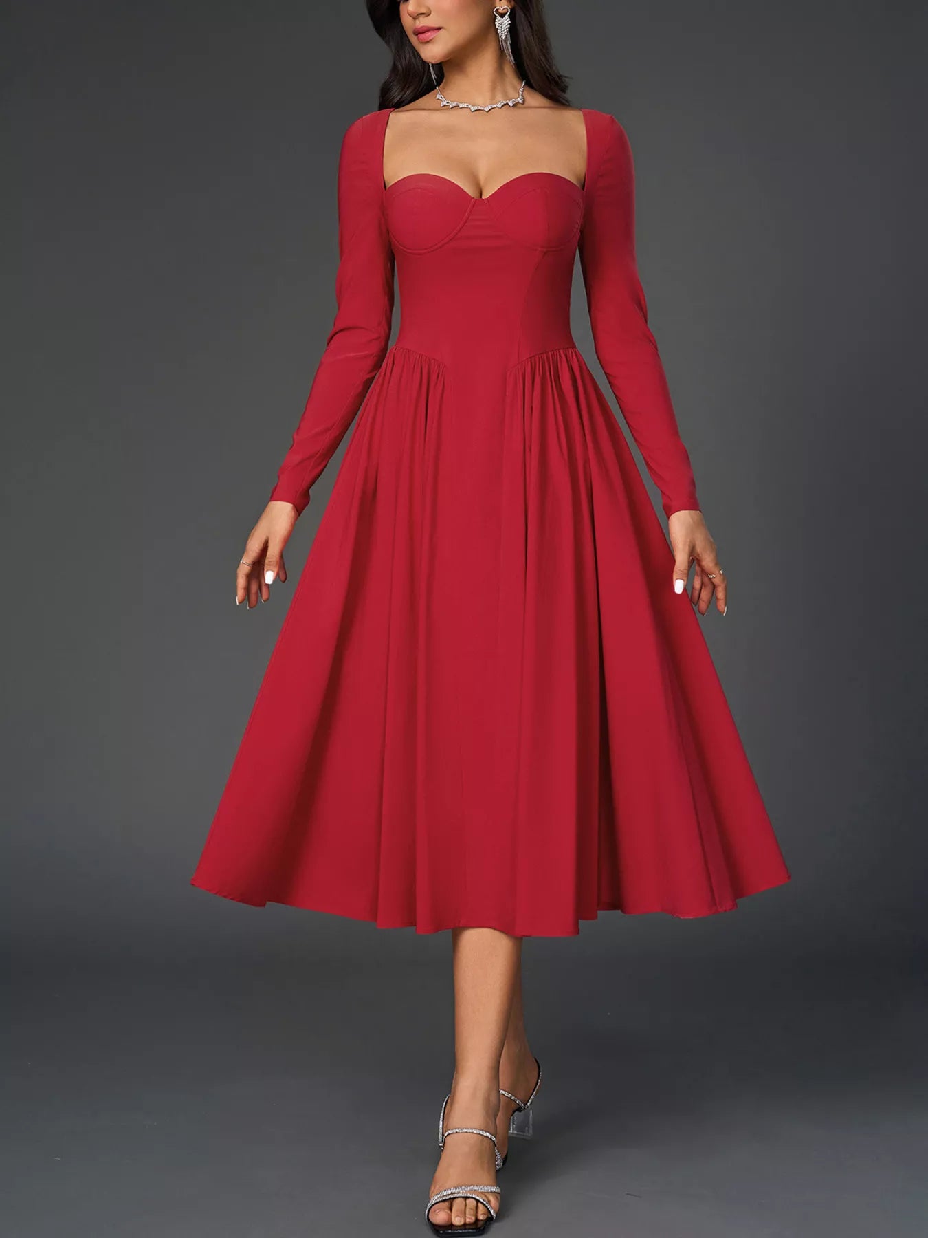 Hazel Blues® |  Sweetheart Neckline Long Sleeve A-Line Midi Dress
