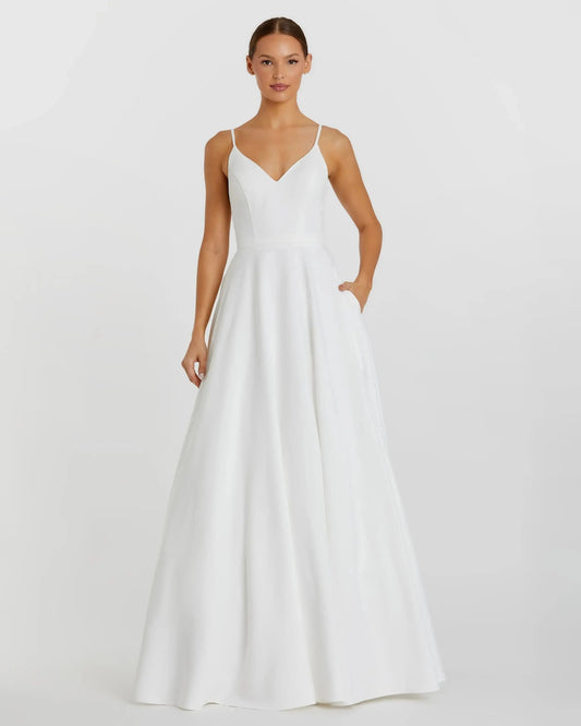 Petite White Classic A-Line V-Neck Ball Gown