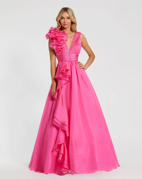 Petite Pink Ruffle Shoulder V-Neck Chiffon Gown