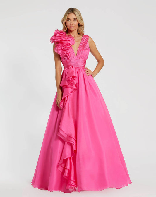 Petite Pink Ruffle Shoulder V-Neck Chiffon Gown