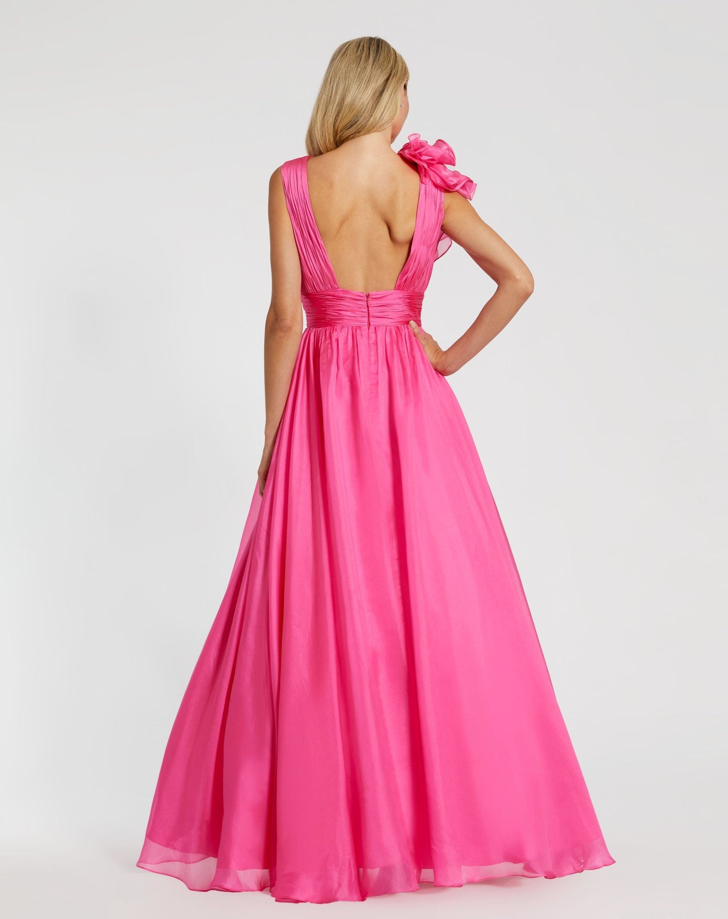 Petite Pink Ruffle Shoulder V-Neck Chiffon Gown