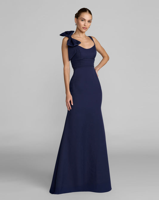 Petite Navy Scoop Neck Trumpet Gown with Bow