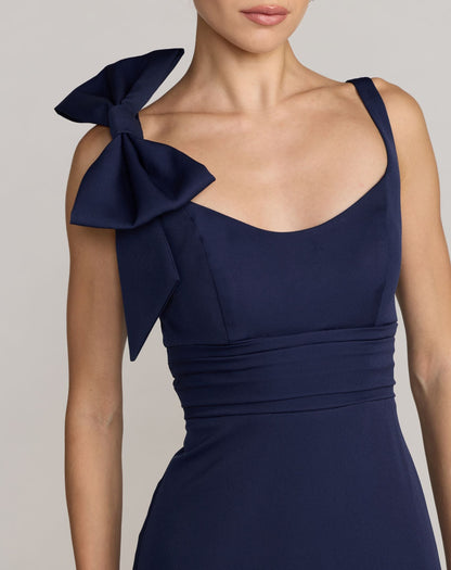 Petite Navy Scoop Neck Trumpet Gown with Bow