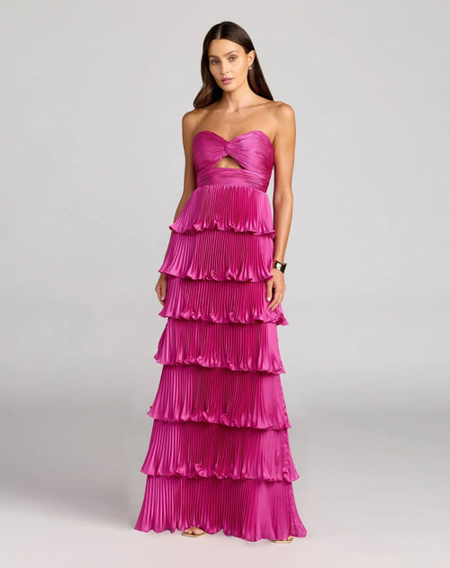 Pleated Charmeuse Strapless Tiered Ruffle Gown