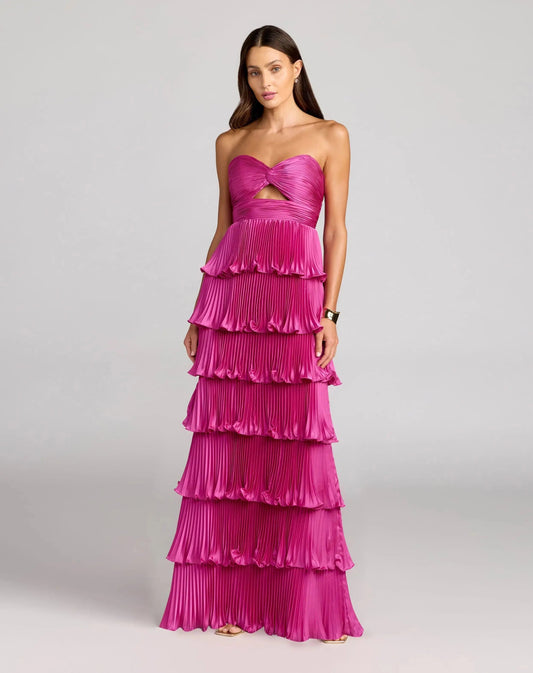 Pleated Charmeuse Strapless Tiered Ruffle Gown
