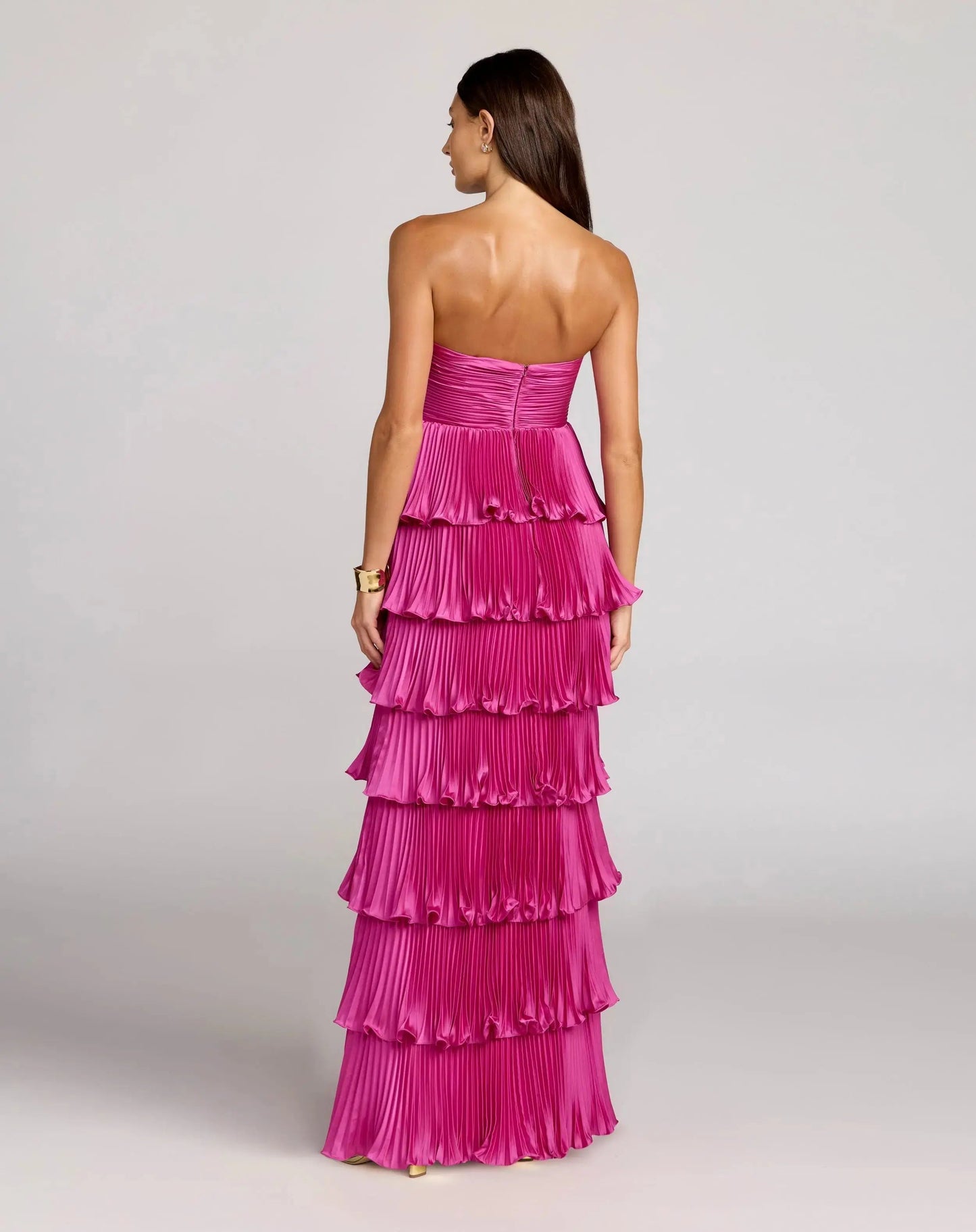 Petite Pink Pleated Charmeuse Strapless Tiered Ruffle Gown