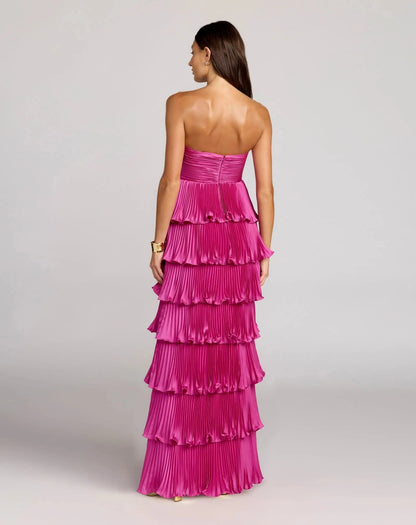 Petite Pink Pleated Charmeuse Strapless Tiered Ruffle Gown