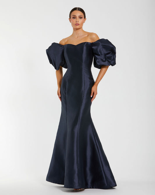Petite Navy Sweetheart Off The Shoulder Puff Sleeve Gown