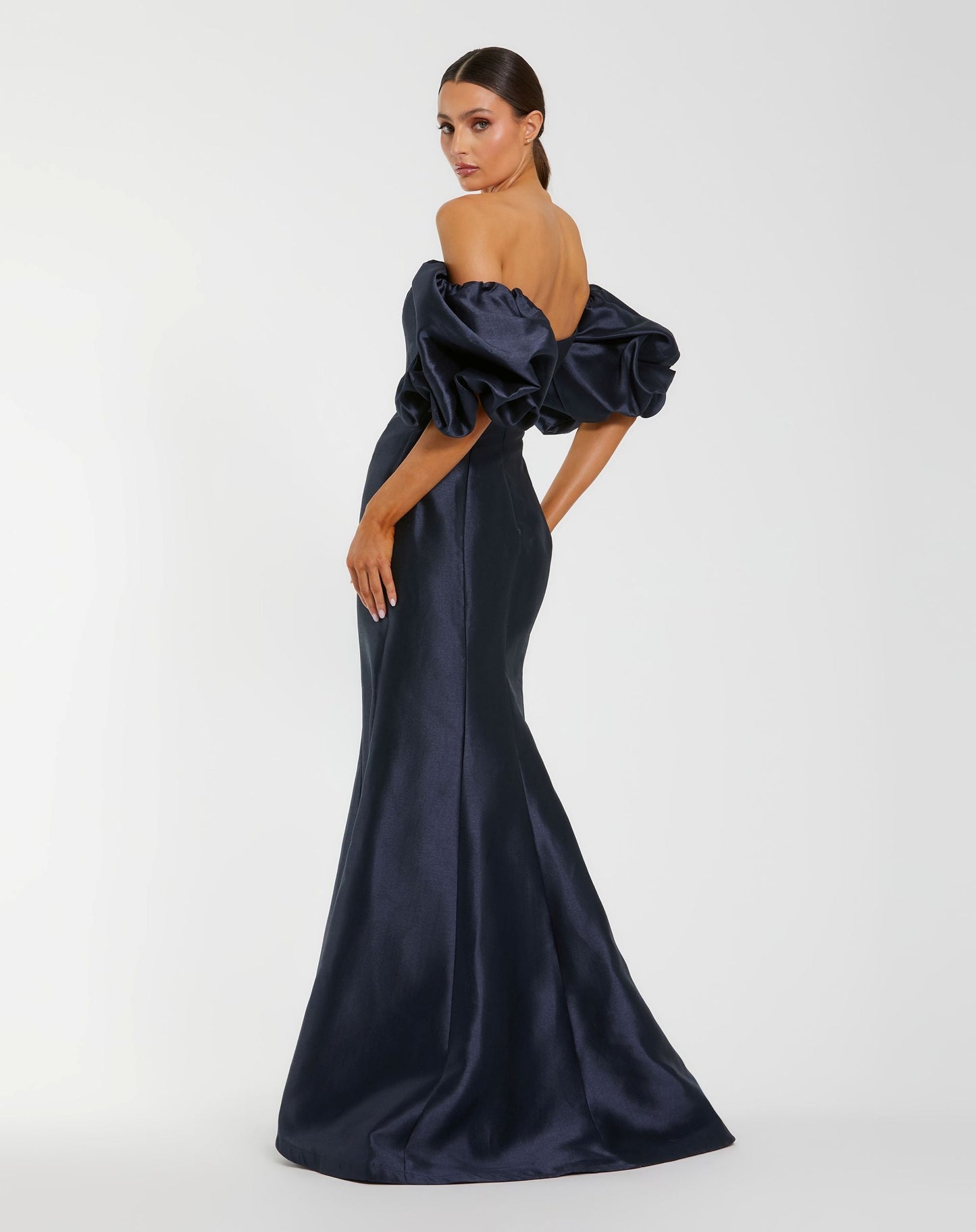 Petite Navy Sweetheart Off The Shoulder Puff Sleeve Gown