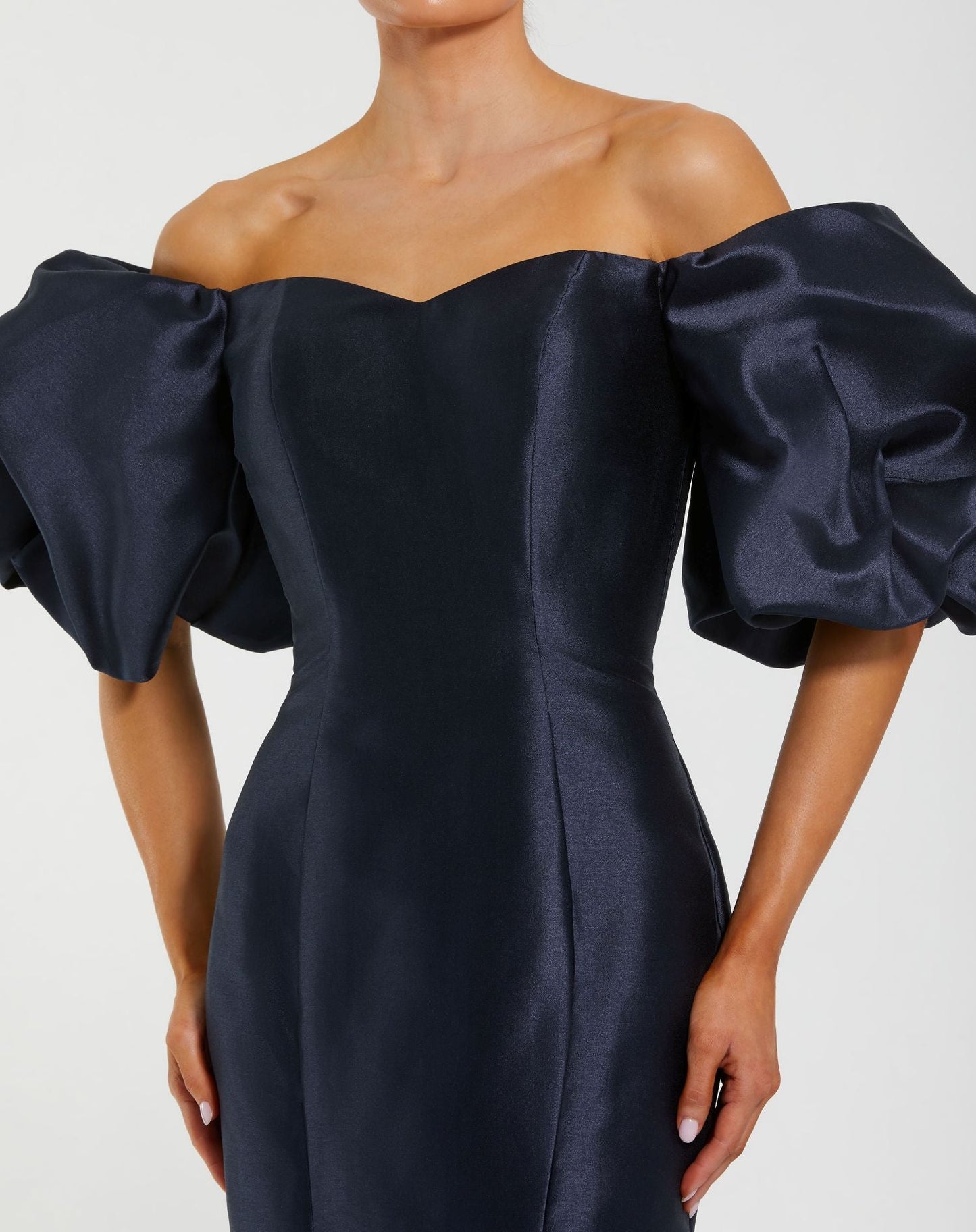 Petite Navy Sweetheart Off The Shoulder Puff Sleeve Gown