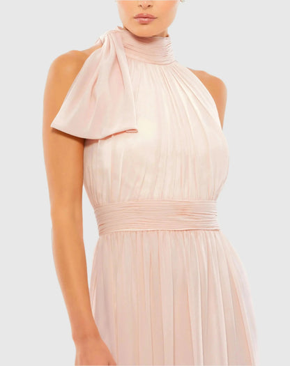Petite Pink A Line Gown with High Neckline