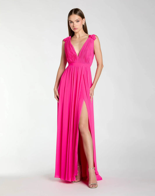 Petite Pink Sleeveless Pleated Chiffon V-Neck Gown