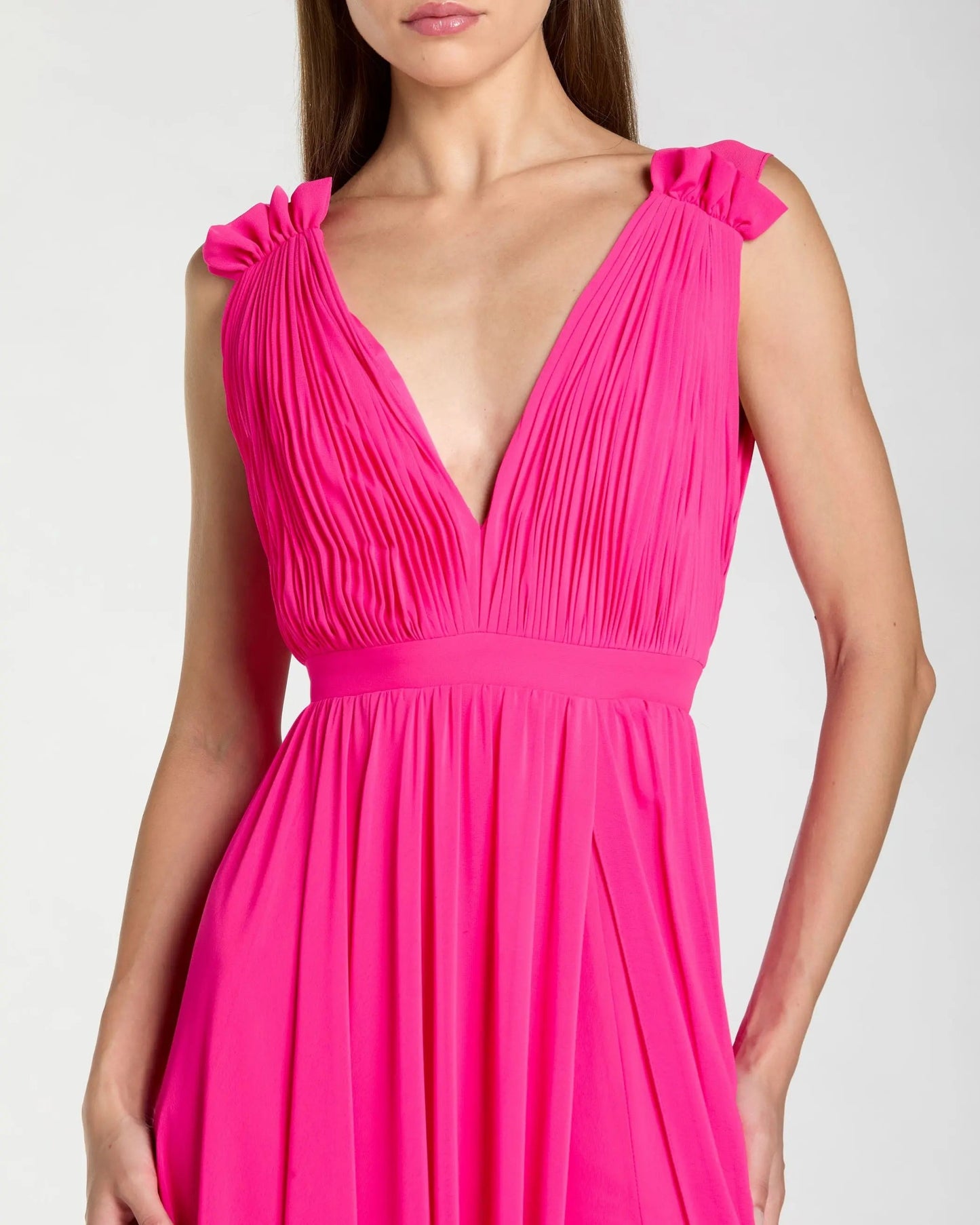 Petite Pink Sleeveless Pleated Chiffon V-Neck Gown
