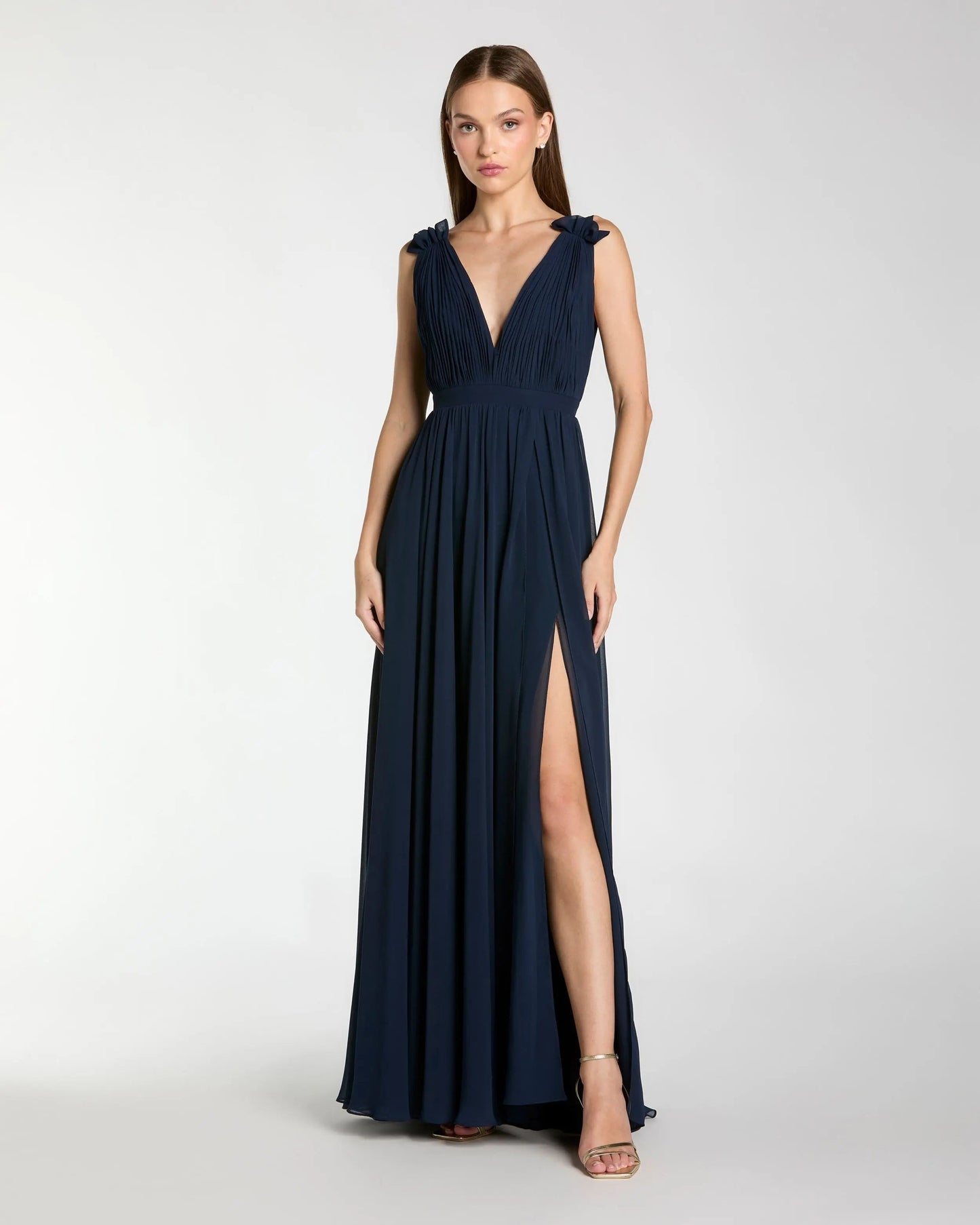 Petite Navy Pleated Chiffon Sleeveless V-Neck Gown