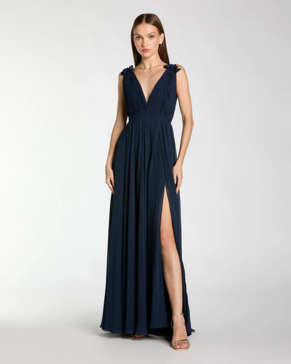 Petite Navy Pleated Chiffon Sleeveless V-Neck Gown