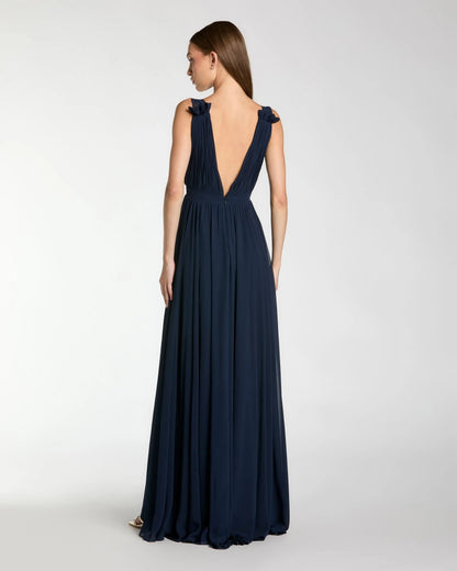 Petite Navy Pleated Chiffon Sleeveless V-Neck Gown