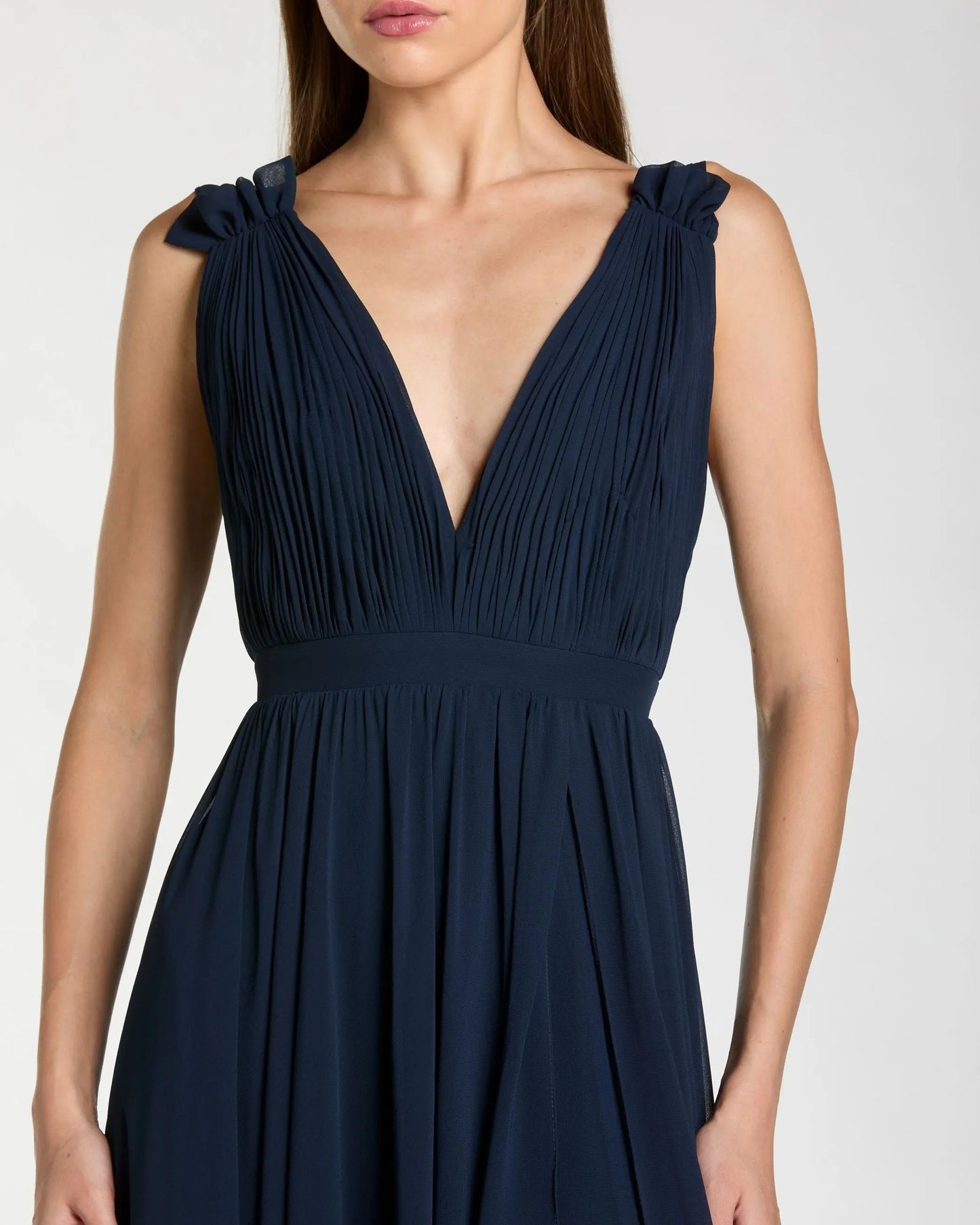 Petite Navy Pleated Chiffon Sleeveless V-Neck Gown