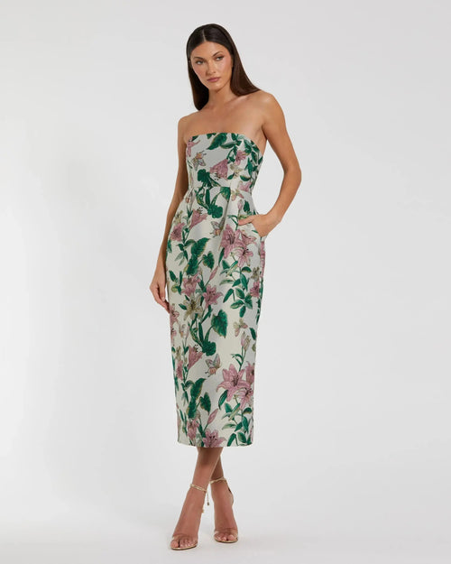 Petite Multicolor Floral Brocade Strapless Fitted Midi Dress