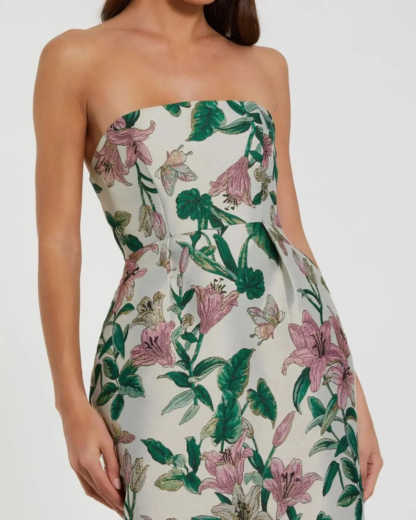 Petite Multicolor Floral Brocade Strapless Fitted Midi Dress