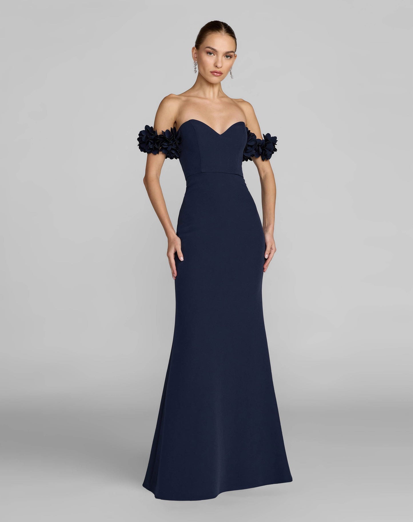 Petite Navy Crepe Off The Shoulder Gown With 3D Flowers