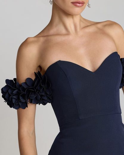 Petite Navy Crepe Off The Shoulder Gown With 3D Flowers