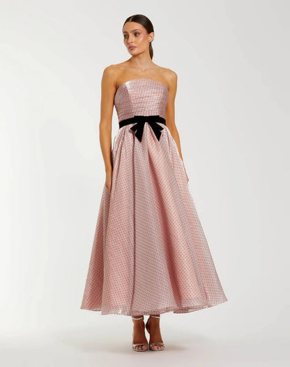 Petite Pink Polka Dot Organza Strapless Dress With Bow
