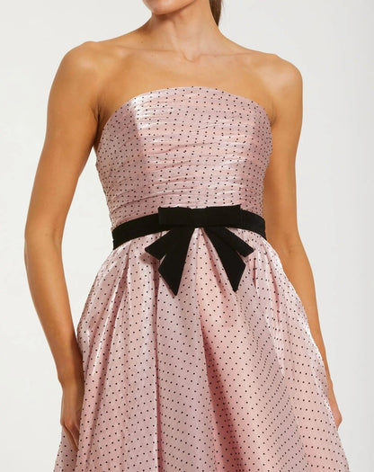 Petite Pink Polka Dot Organza Strapless Dress With Bow