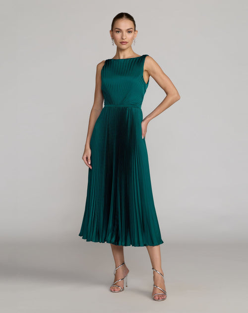 Petite Teal Sleeveless High Neck Pleated Midi Dress