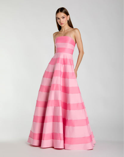 Petite Pink Striped Satin Strapless Ballgown With Pockets