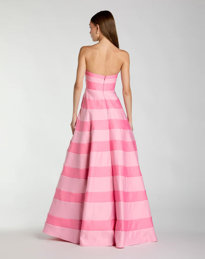 Petite Pink Striped Satin Strapless Ballgown With Pockets