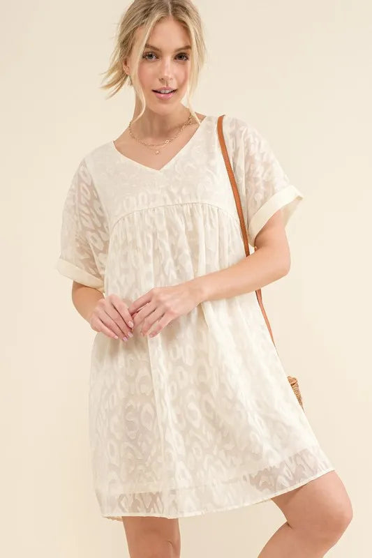 Hazel Blues® |  And The Why Woven Leopard Baby Doll Roll-Sleeve Casual Dress
