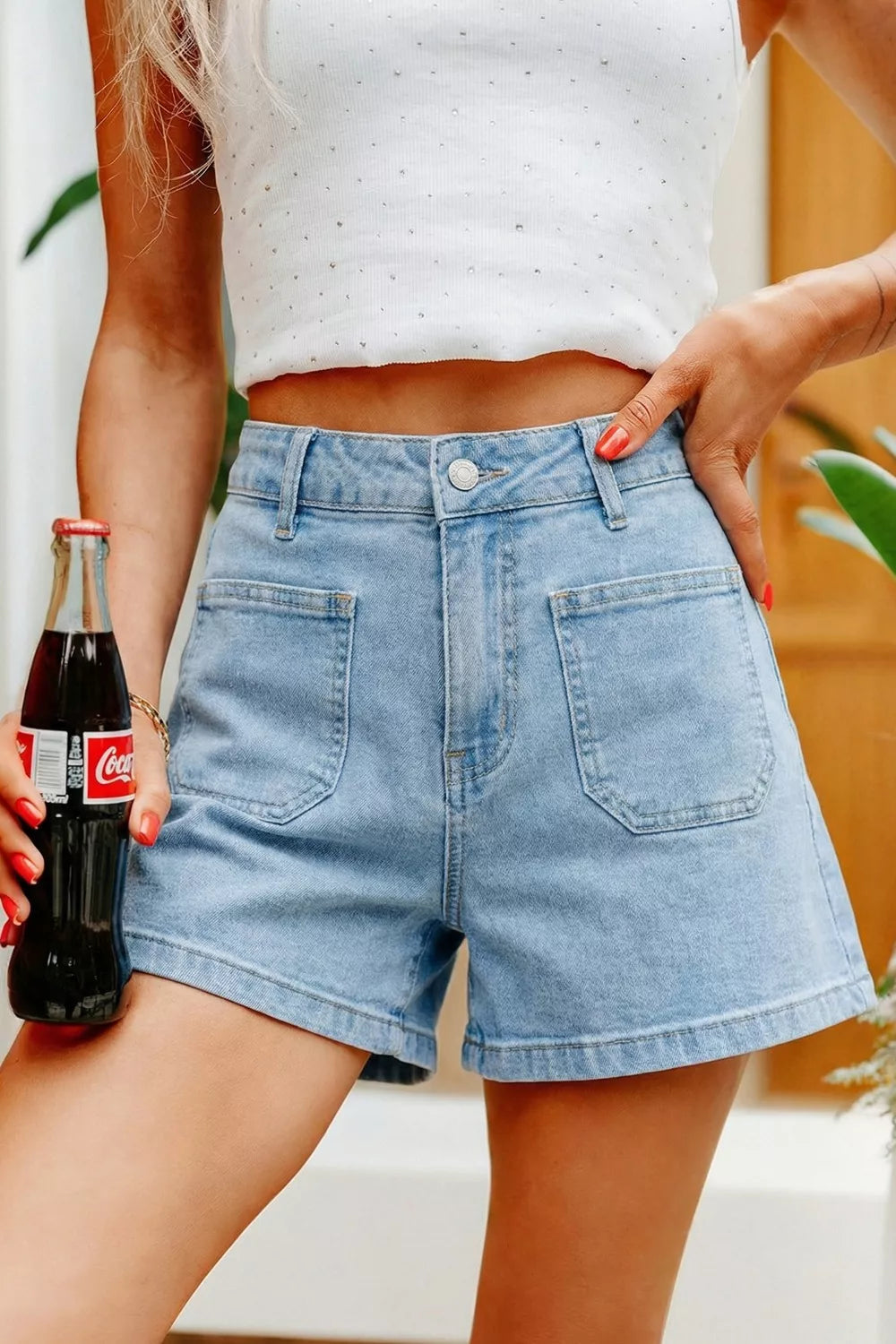 Hazel Blues® |  High Rise Patch Pocket Denim Shorts