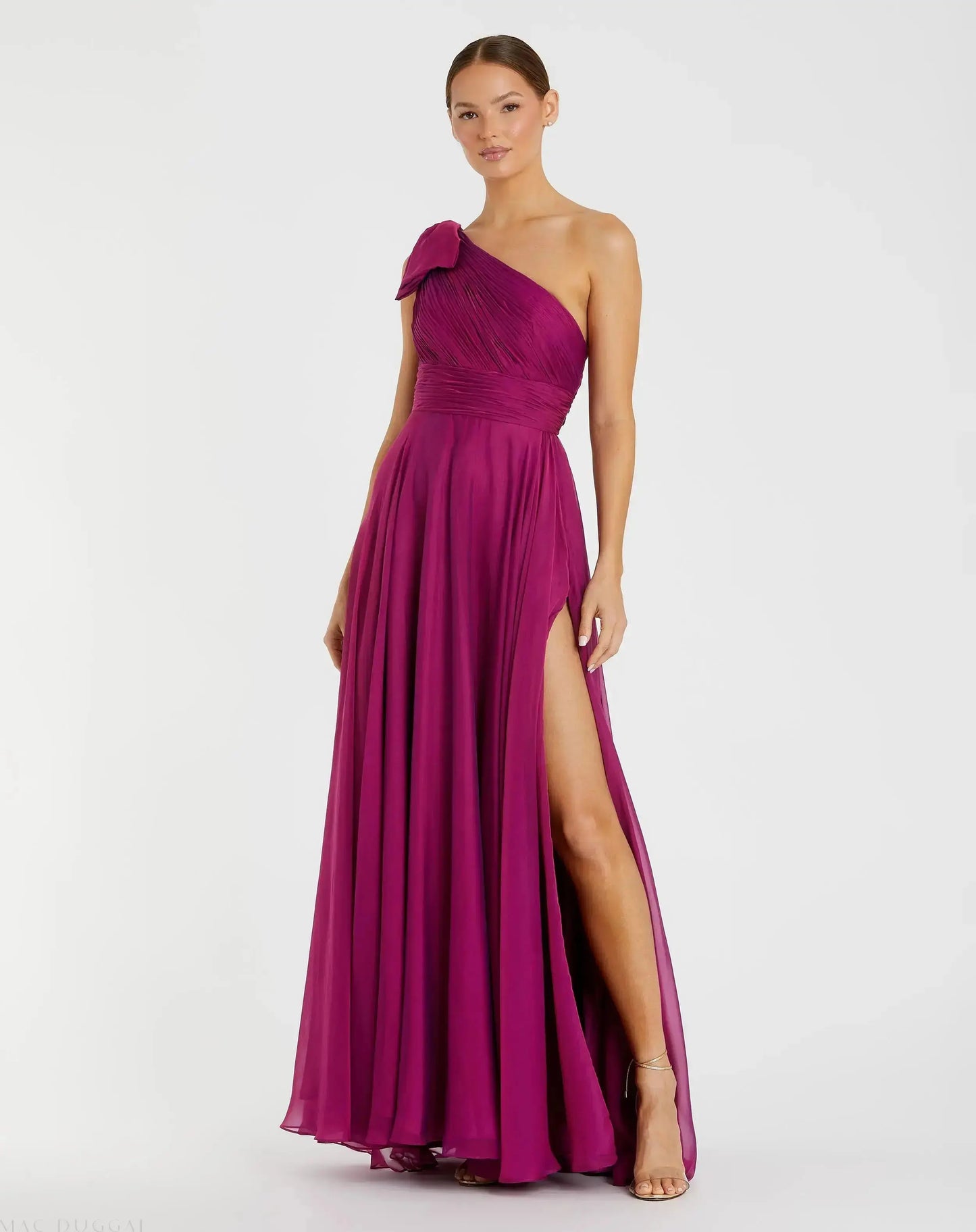 Petite Purple Sleeveless One Shoulder Pleated Gown