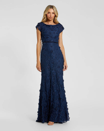 Petite Navy Floral Applique Boat Neck Cap Sleeve Gown
