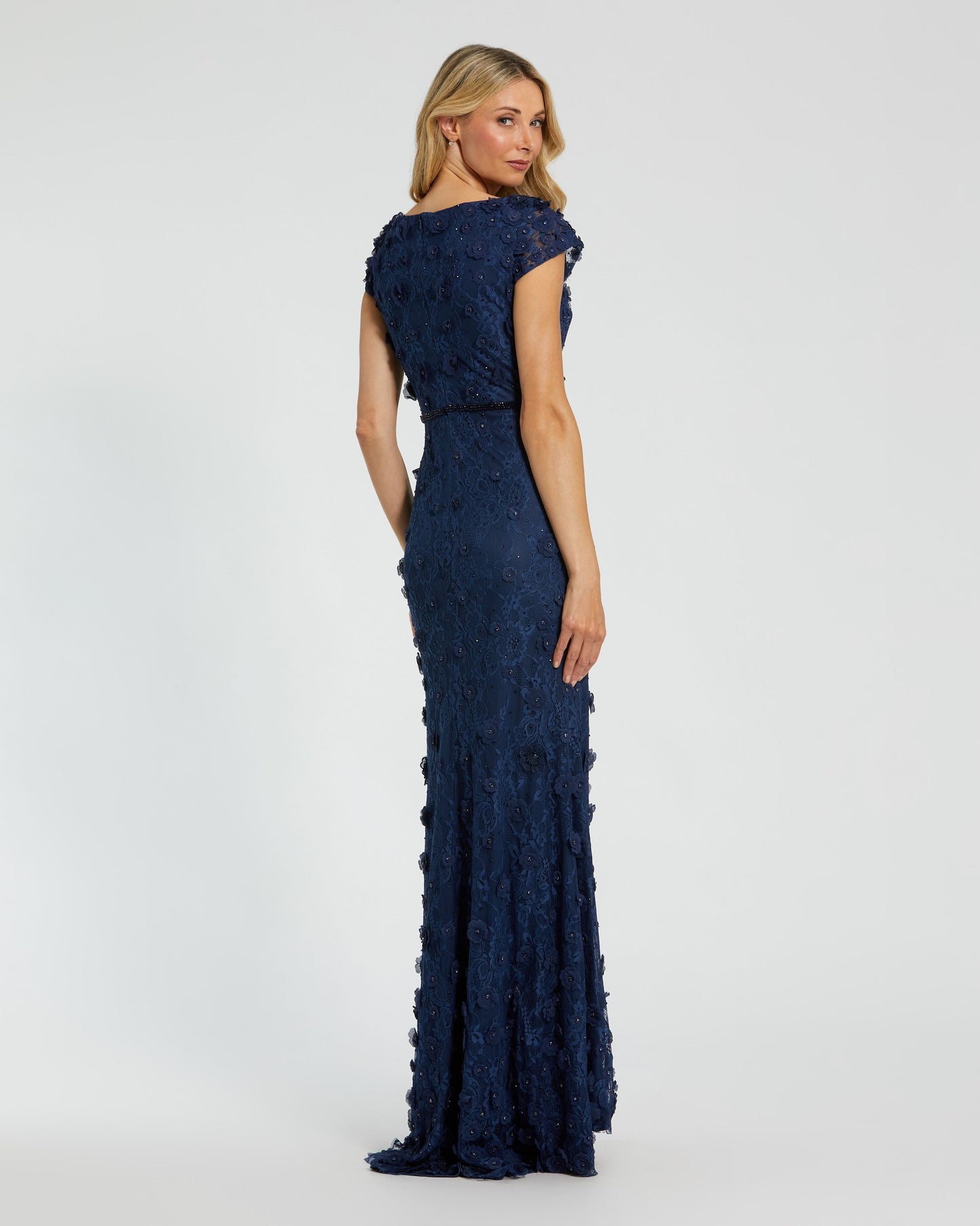 Petite Navy Floral Applique Boat Neck Cap Sleeve Gown