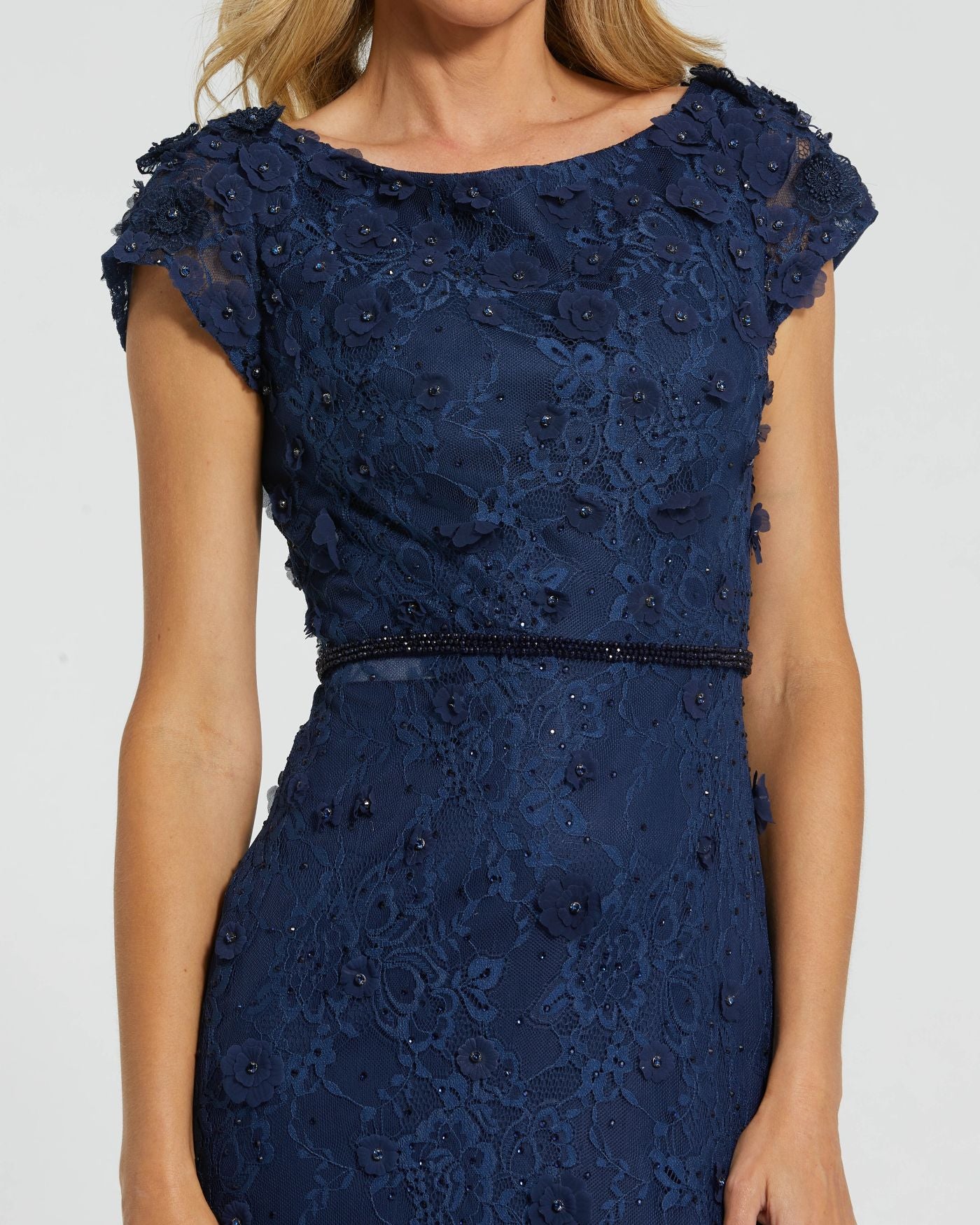 Petite Navy Floral Applique Boat Neck Cap Sleeve Gown