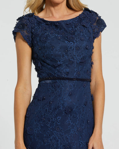 Petite Navy Floral Applique Boat Neck Cap Sleeve Gown