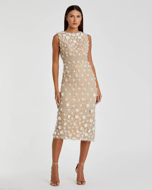 Petite Nude Floral Applique Sleeveless Midi Dress