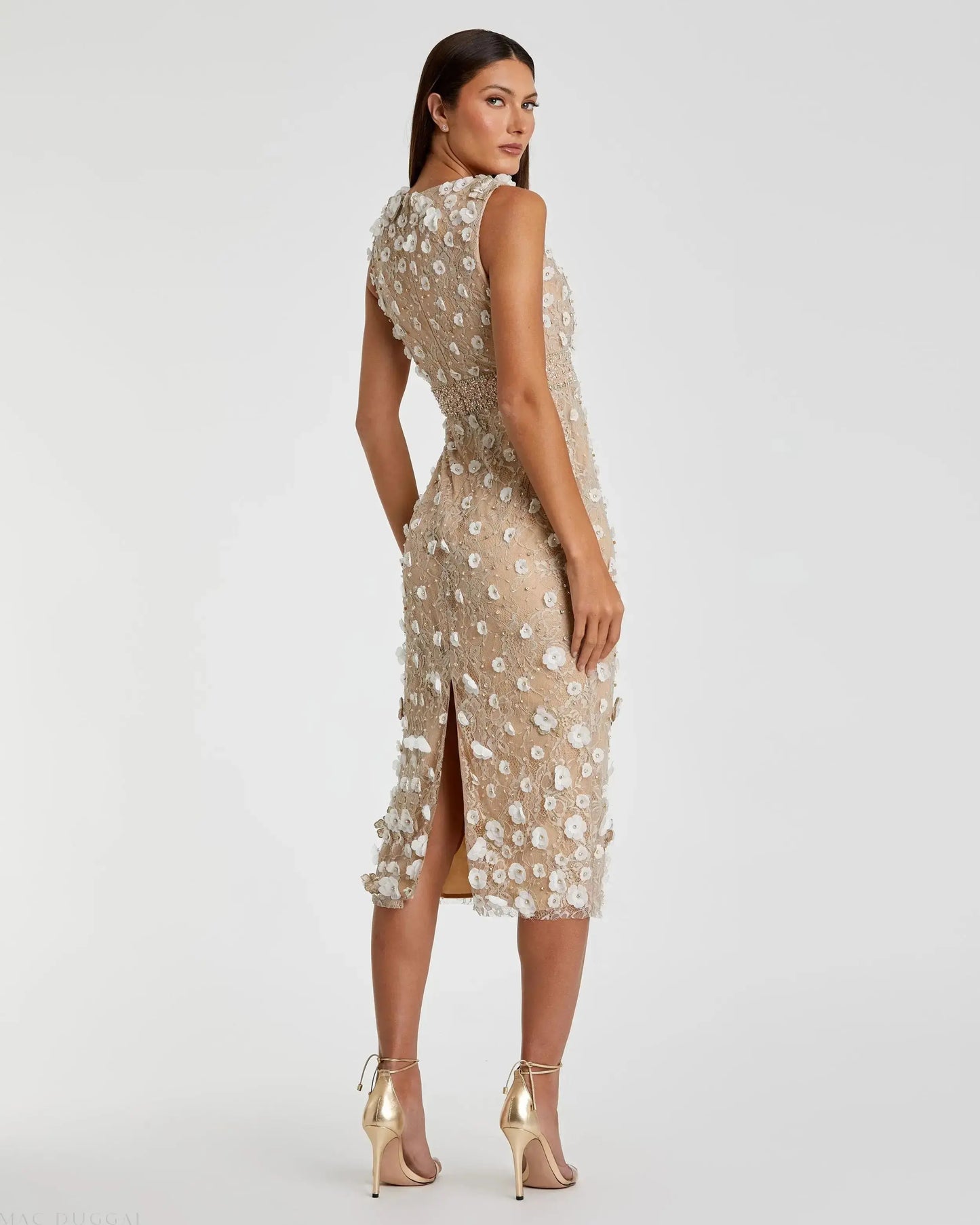 Petite Nude Floral Applique Sleeveless Midi Dress