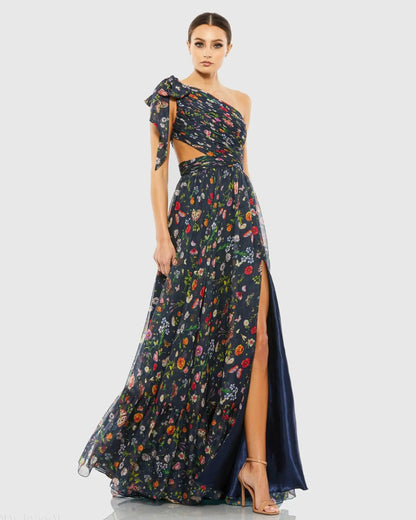 Petite Navy Tied One Shoulder Cut-Out Flowy Gown